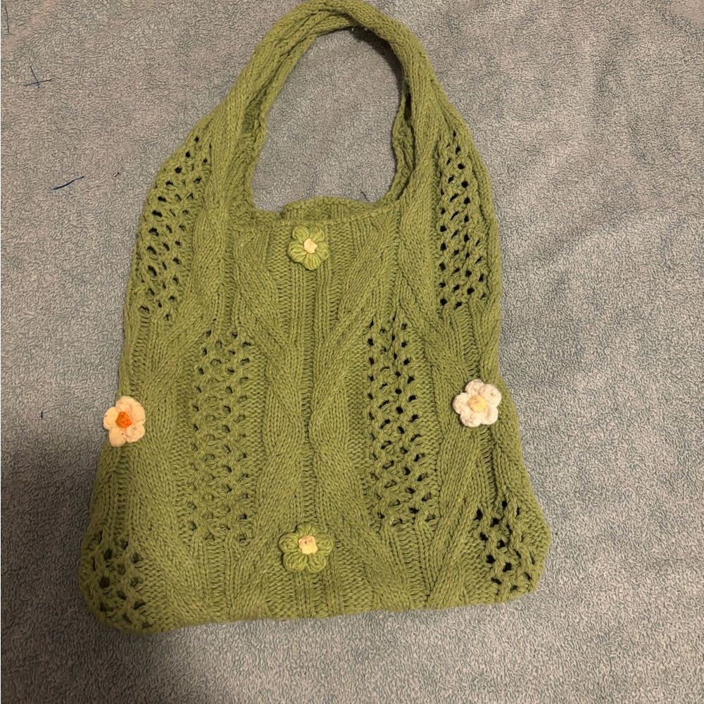 SHEIN Olive Knit Tote with Floral Details